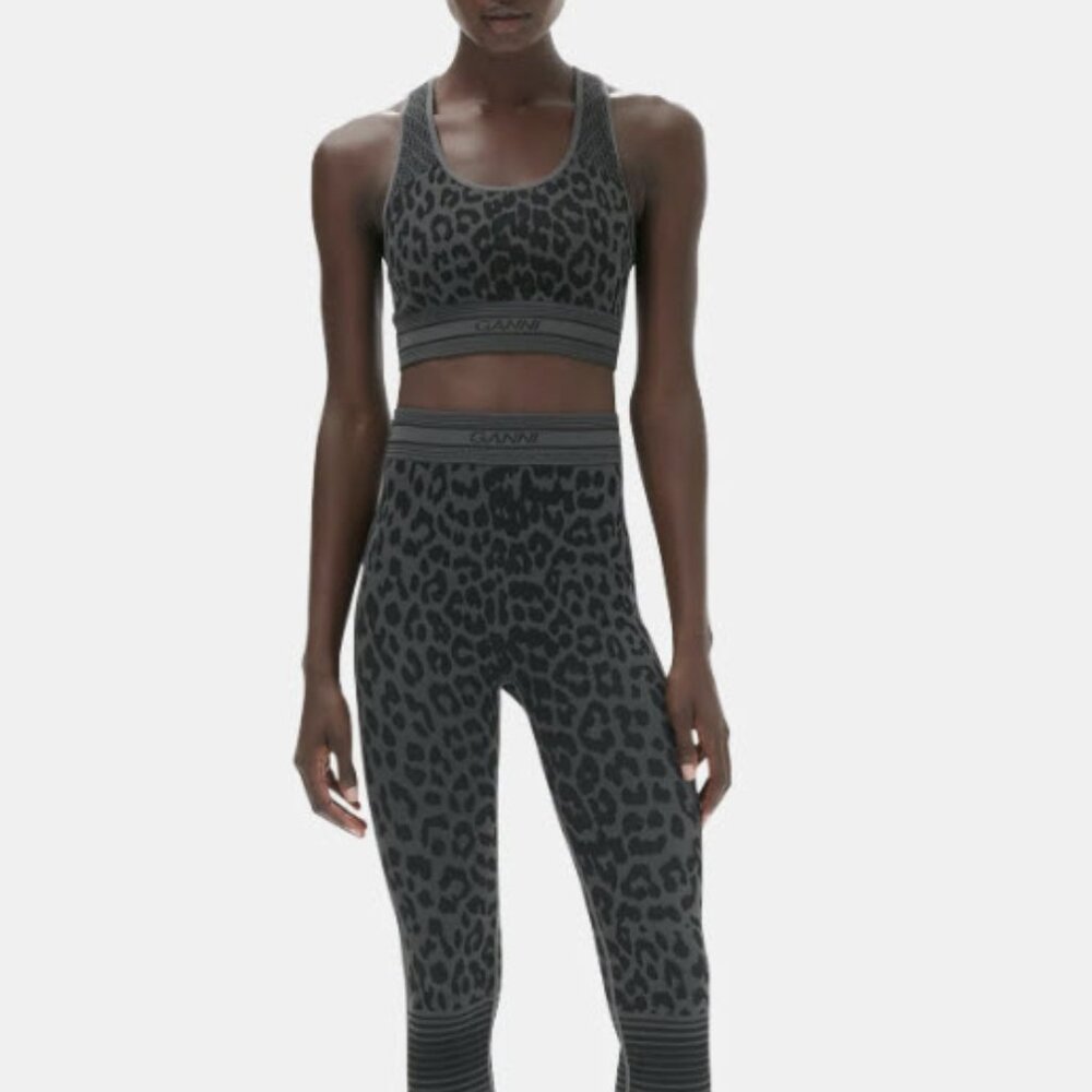 GANNI Seamless Jacquard Leggings and Top | Black Leopard Size M NWT